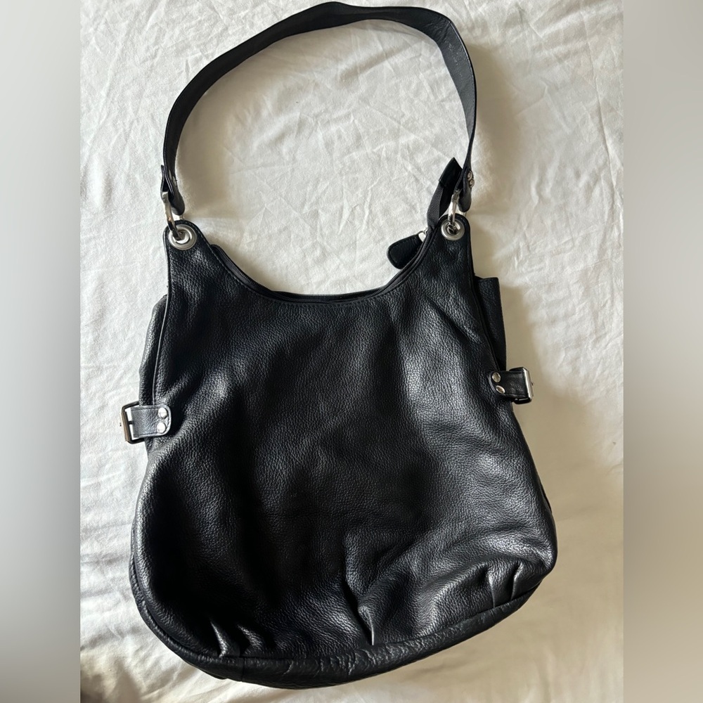 100% Genuine Black Leather Hobo Tote Bag Silver Hardware Y2K Vintage Bag